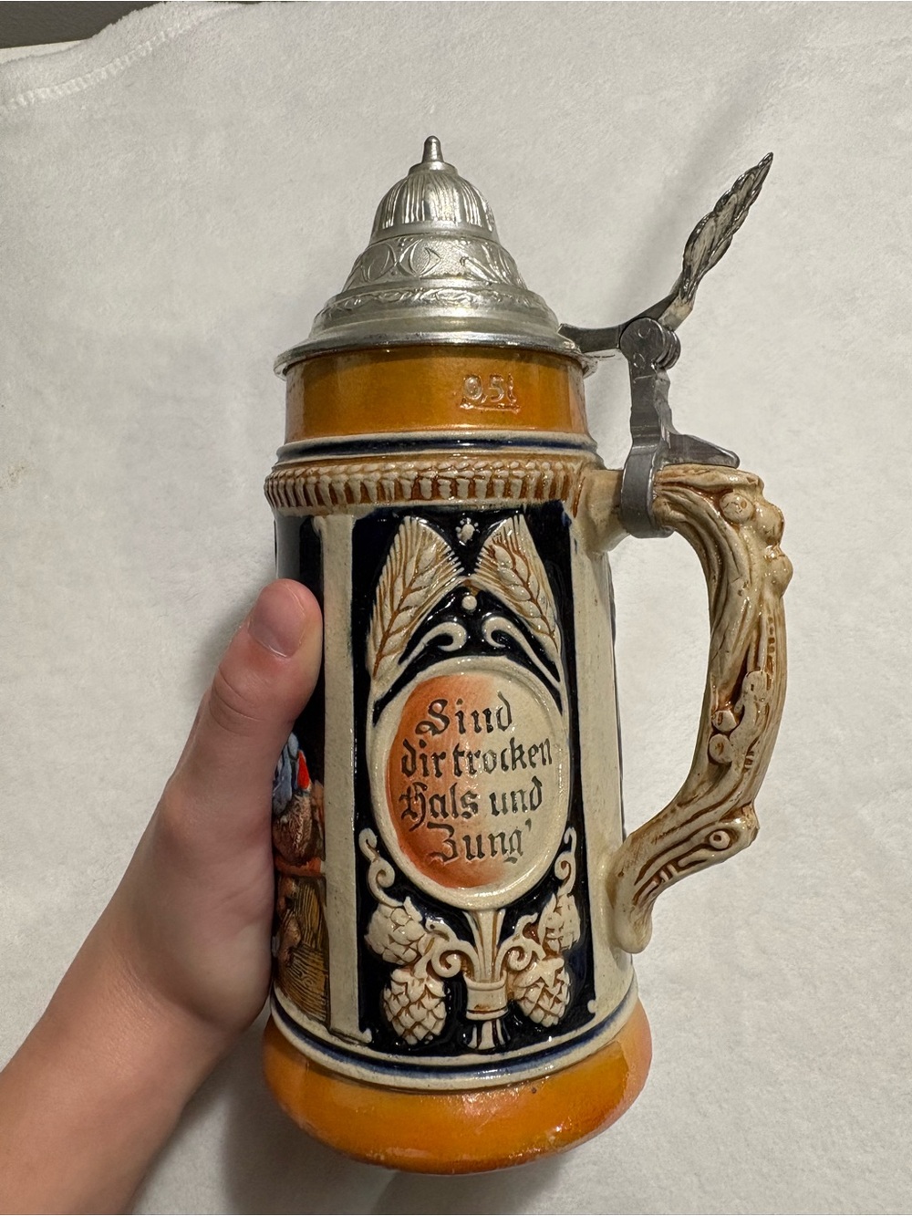 Vintage German Half Liter Beer Stein with Pewter Lid